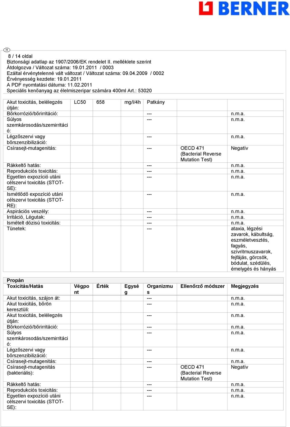 Aspirációs veszély: --- Irritáció, Légutak: --- Ismételt dózisú toxicitás: --- Tünetek: --- ataxia, légzési zavarok, kábultság, eszméletvesztés, fagyás, szívritmuszavarok, fejfájás, görcsök, bódulat,