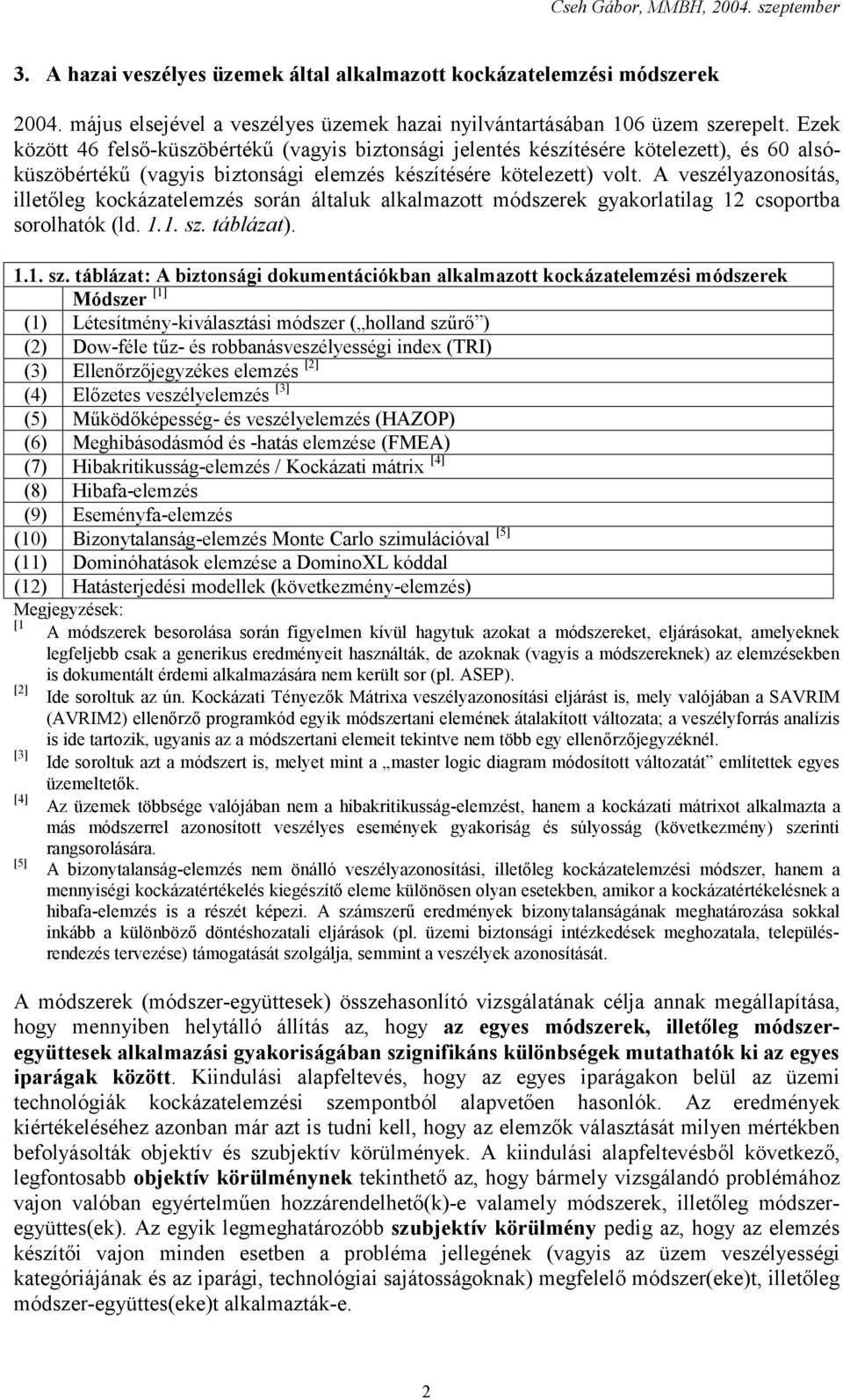 A veszélyazonosítás, illetőleg kockázatelemzés során általuk alkalmazott módszerek gyakorlatilag 12 csoportba sorolhatók (ld. 1.1. sz.