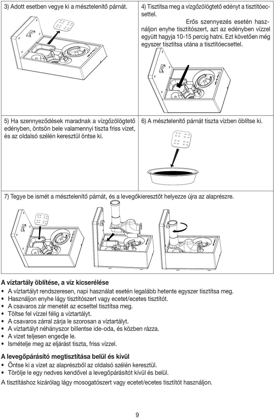 5) Ha szennyeződések maradnak a vízgőzölögtető edényben, öntsön bele valamennyi tiszta friss vizet, és az oldalsó szélén keresztül öntse ki. 6) A mésztelenítő párnát tiszta vízben öblítse ki.
