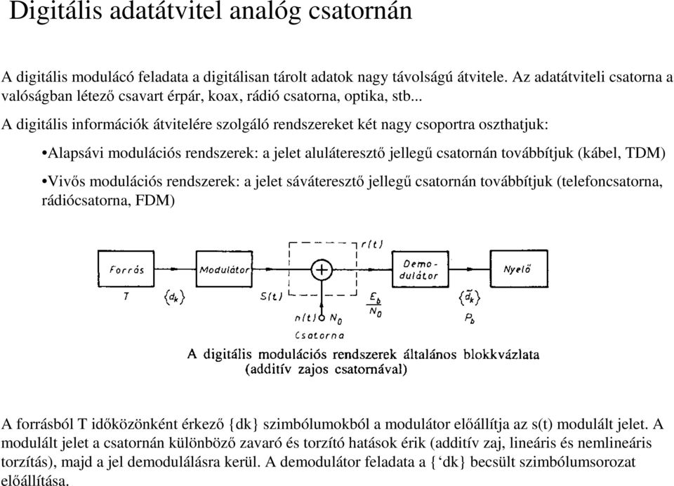 .. A digitális információk átvitelére szolgáló rendszereket két nagy csoportra oszthatjuk: Alapsávi modulációs rendszerek: a jelet alulátereszt jelleg csatornán továbbítjuk (kábel, TDM) Vivs