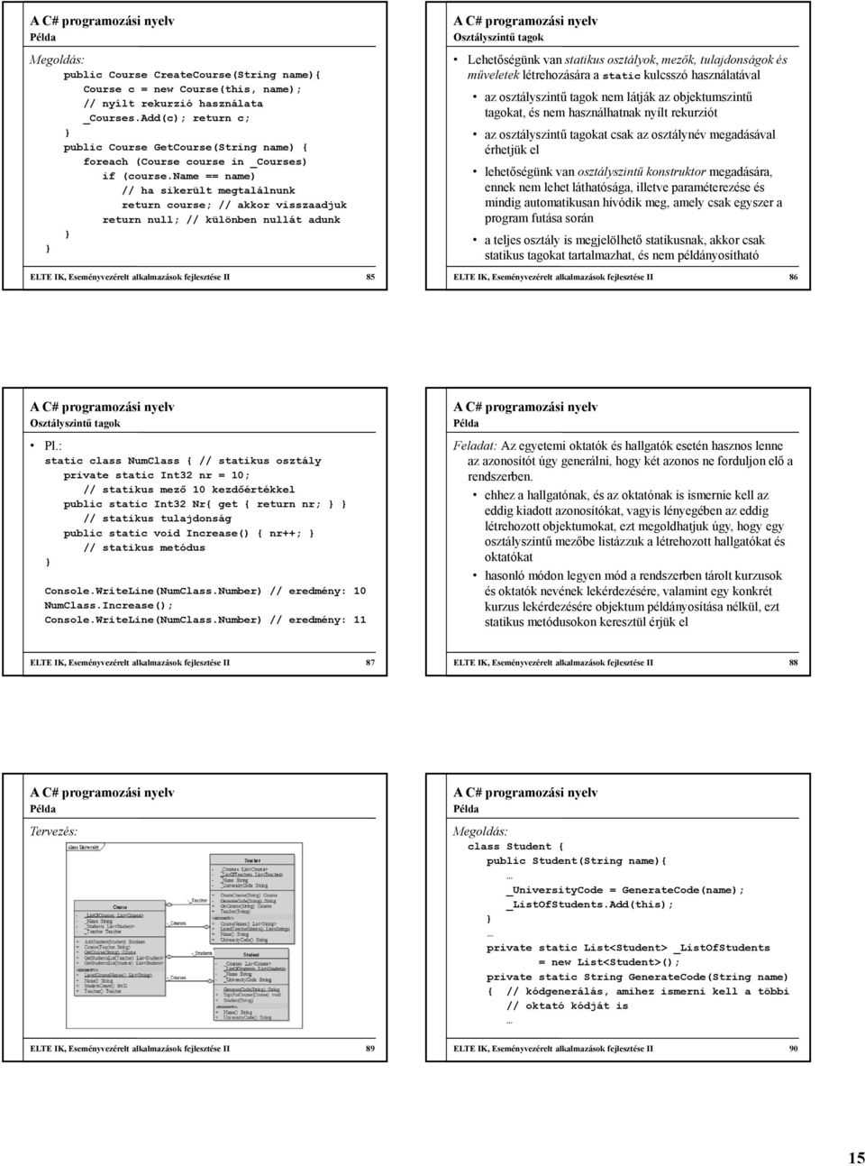 name == name) // ha sikerült megtalálnunk return course; // akkor visszaadjuk return null; // különben nullát adunk ELTE IK, Eseményvezérelt alkalmazások fejlesztése II 85 Osztályszintű tagok