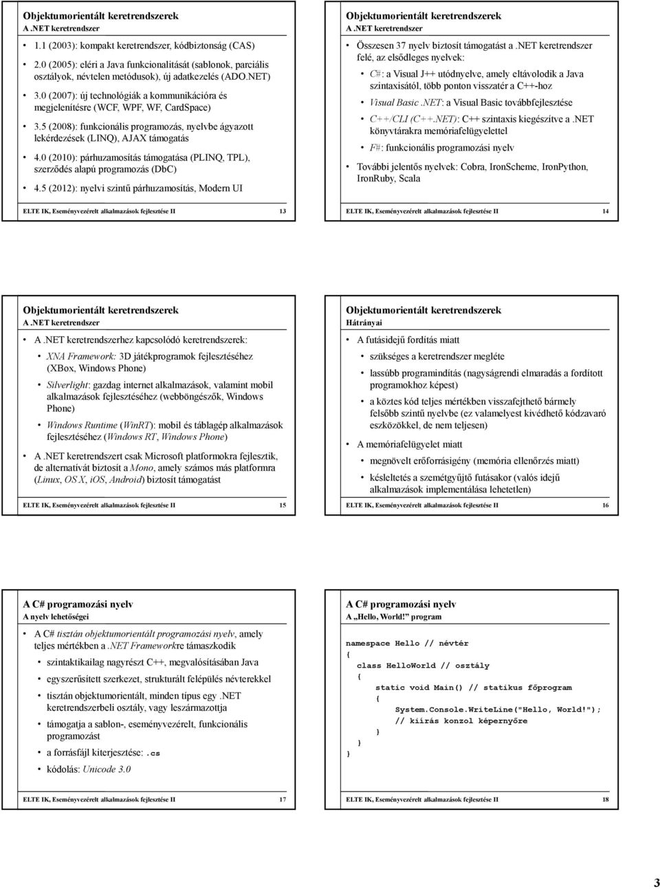 0 (2007): új technológiák a kommunikációra és megjelenítésre (WCF, WPF, WF, CardSpace) 3.5 (2008): funkcionális programozás, nyelvbe ágyazott lekérdezések (LINQ), AJAX támogatás 4.