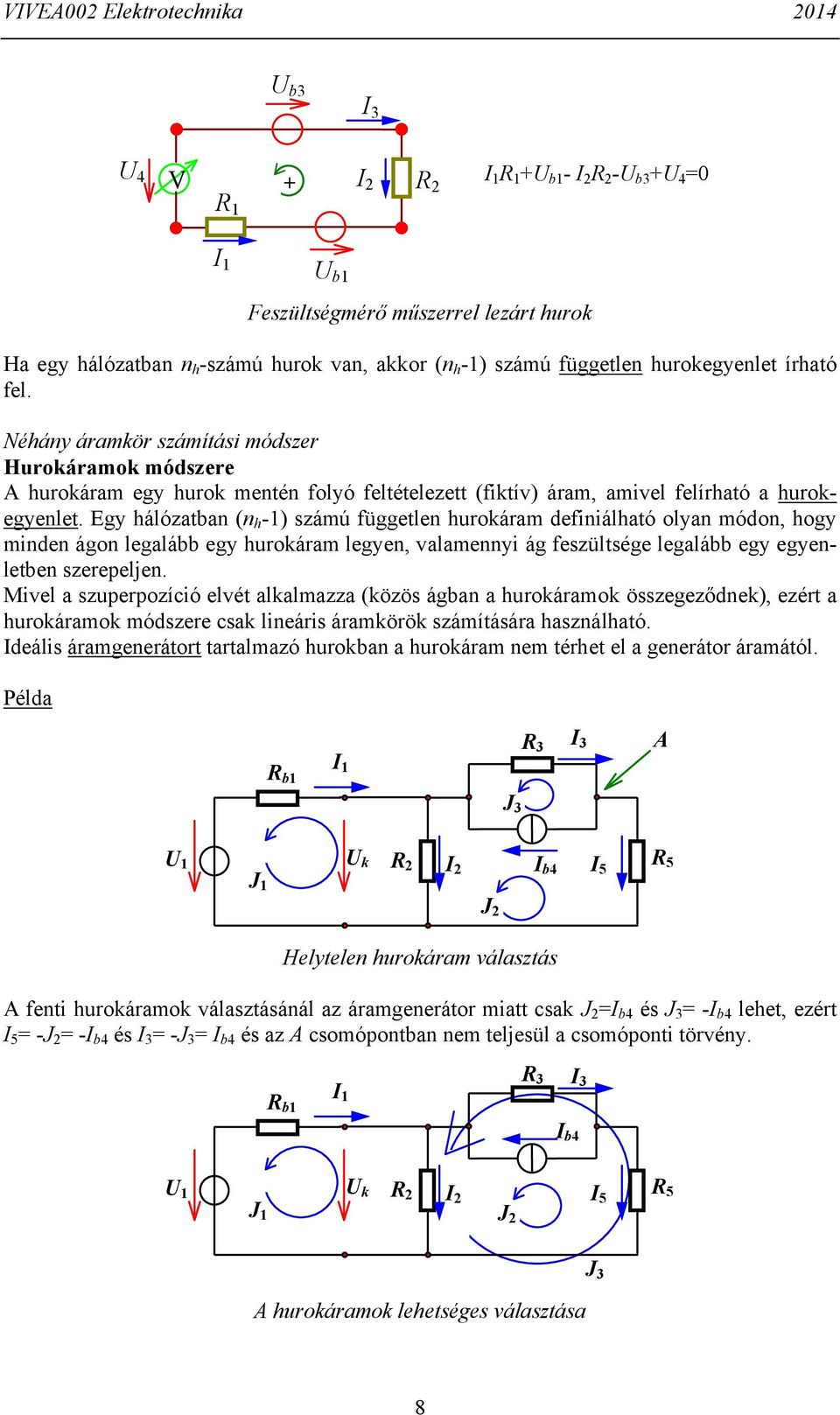 Egy hálózatban (n h -) száú független hurokára defnálható olyan ódon, hogy nden ágon legalább egy hurokára legyen, valaenny ág feszültsége legalább egy egyenletben szerepeljen.