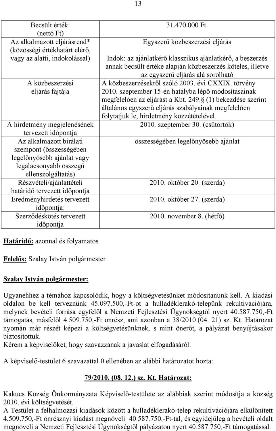 időpontja: Szerződéskötés tervezett időpontja 31.470.000 Ft.