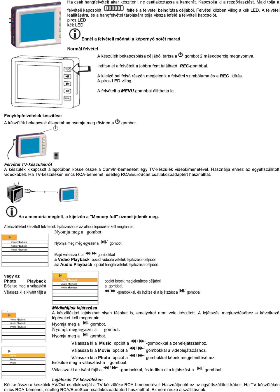 piros LED kék LED Ennél a felvételi módnál a képernyő sötét marad Normál felvétel A készülék bekapcsolása céljából tartsa a gombot 2 másodpercig megnyomva.