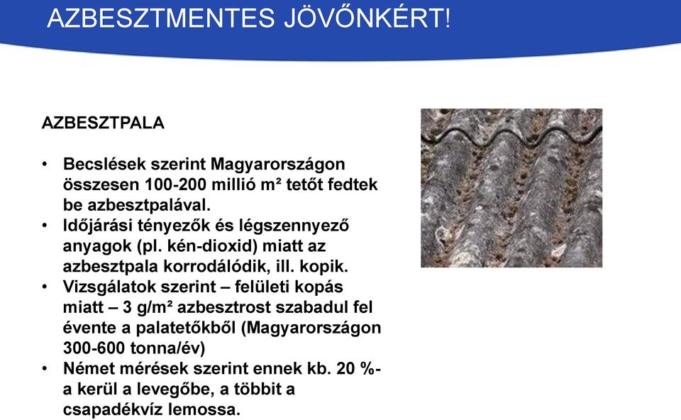 Vizsgálatok szerint felületi kopás miatt 3 g/m² azbesztrost szabadul fel évente a palatetőkből