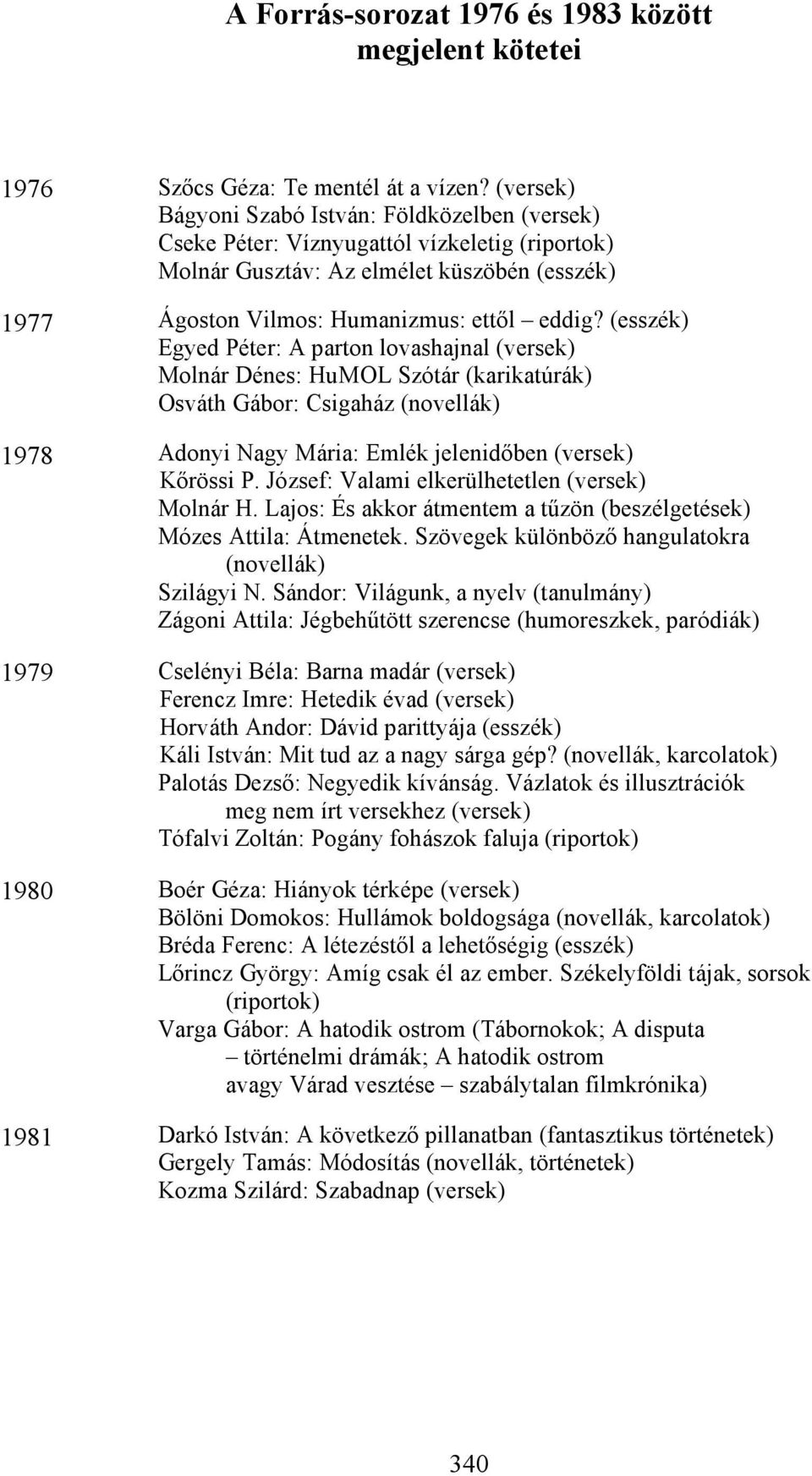 (esszék) Egyed Péter: A parton lovashajnal (versek) Molnár Dénes: HuMOL Szótár (karikatúrák) Osváth Gábor: Csigaház (novellák) 1978 Adonyi Nagy Mária: Emlék jelenidőben (versek) Kőrössi P.