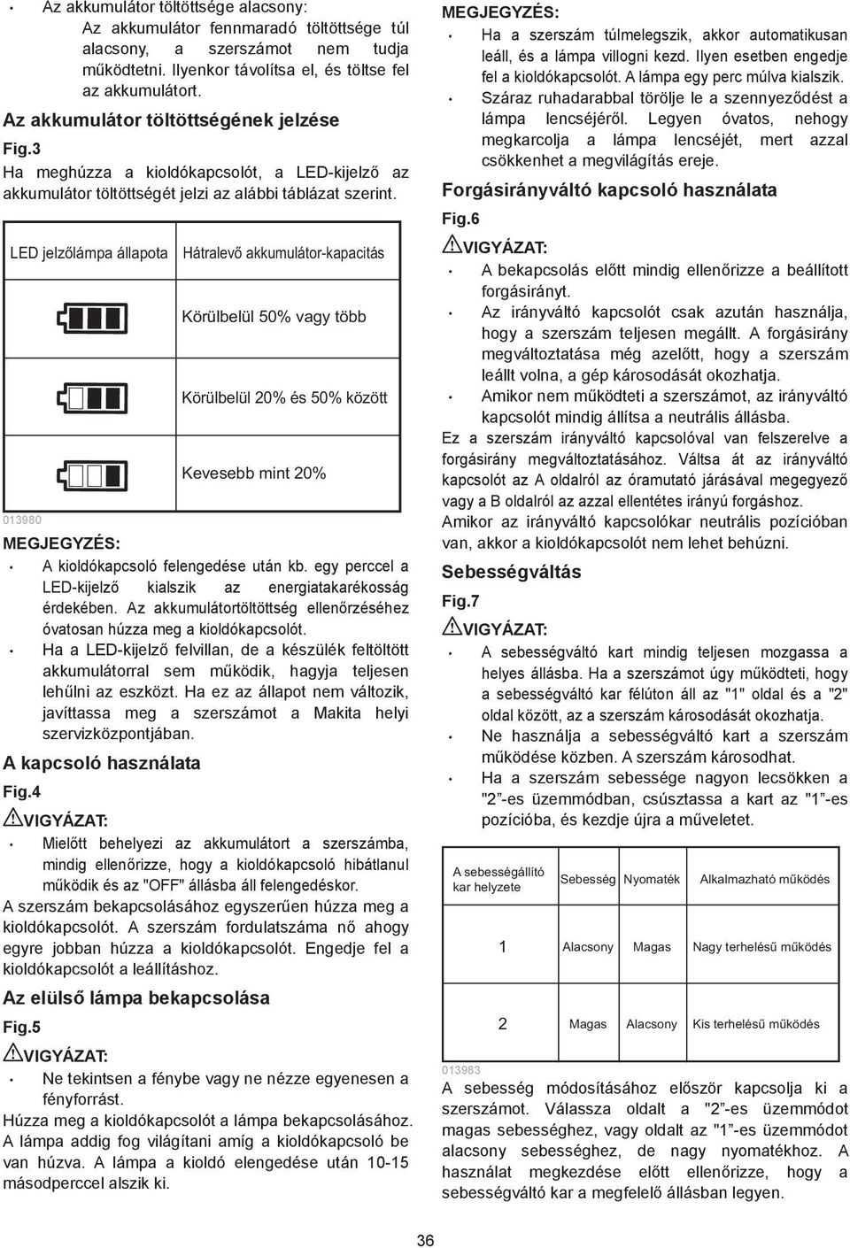 LED jelzőlámpa állapota 03980 MEGJEGYZÉS: Hátralevő akkumulátor-kapacitás Körülbelül 50% vagy több Körülbelül 0% és 50% között Kevesebb mint 0% A kioldókapcsoló felengedése után kb.