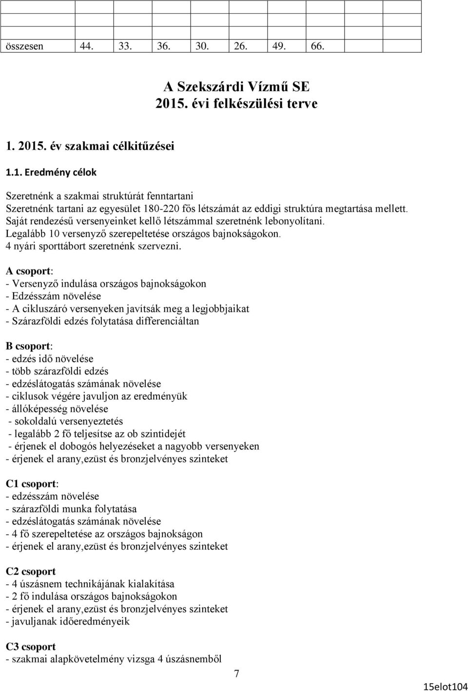 Saját rendezésű versenyeinket kellő létszámmal szeretnénk lebonyolítani. Legalább 10 versenyző szerepeltetése országos bajnokságokon. 4 nyári sporttábort szeretnénk szervezni.