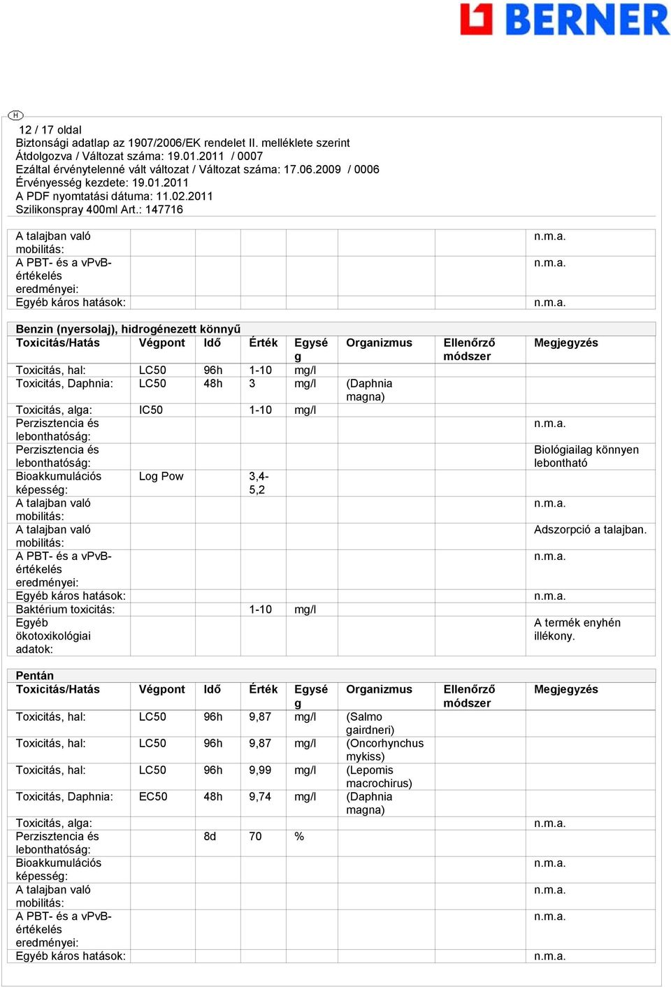 képesség: A talajban való mobilitás: A talajban való mobilitás: A PBT- és a vpvbértékelés eredményei: Log Pow 3,4-5,2 Egyéb káros hatások: Baktérium toxicitás: 1-10 mg/l Egyéb ökotoxikológiai adatok: