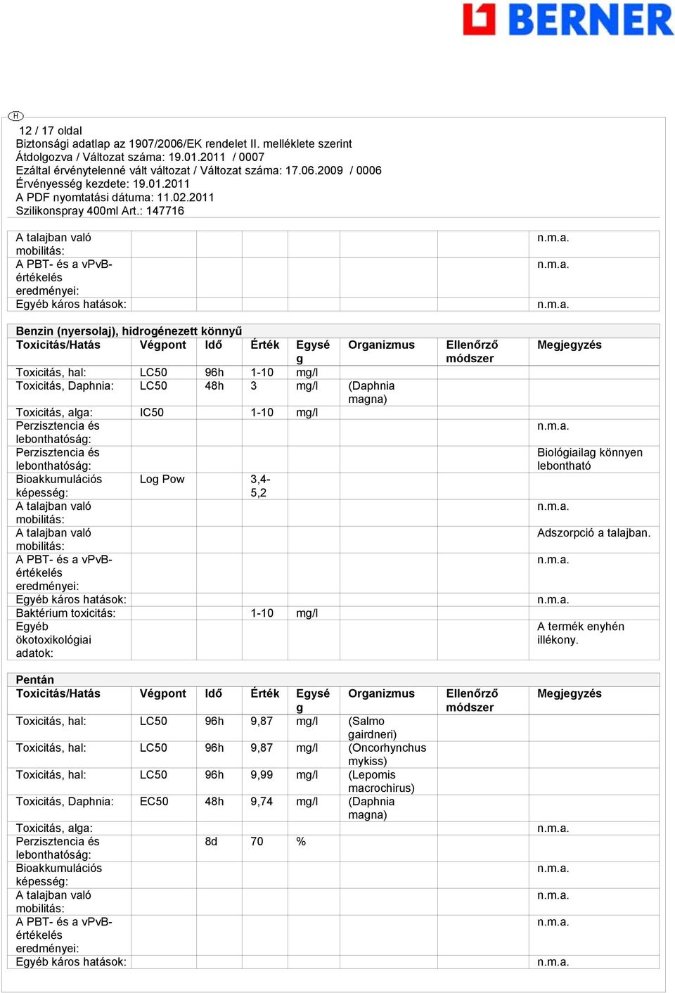 képesség: A talajban való mobilitás: A talajban való mobilitás: A PBT- és a vpvbértékelés eredményei: Log Pow 3,4-5,2 Egyéb káros hatások: Baktérium toxicitás: 1-10 mg/l Egyéb ökotoxikológiai adatok: