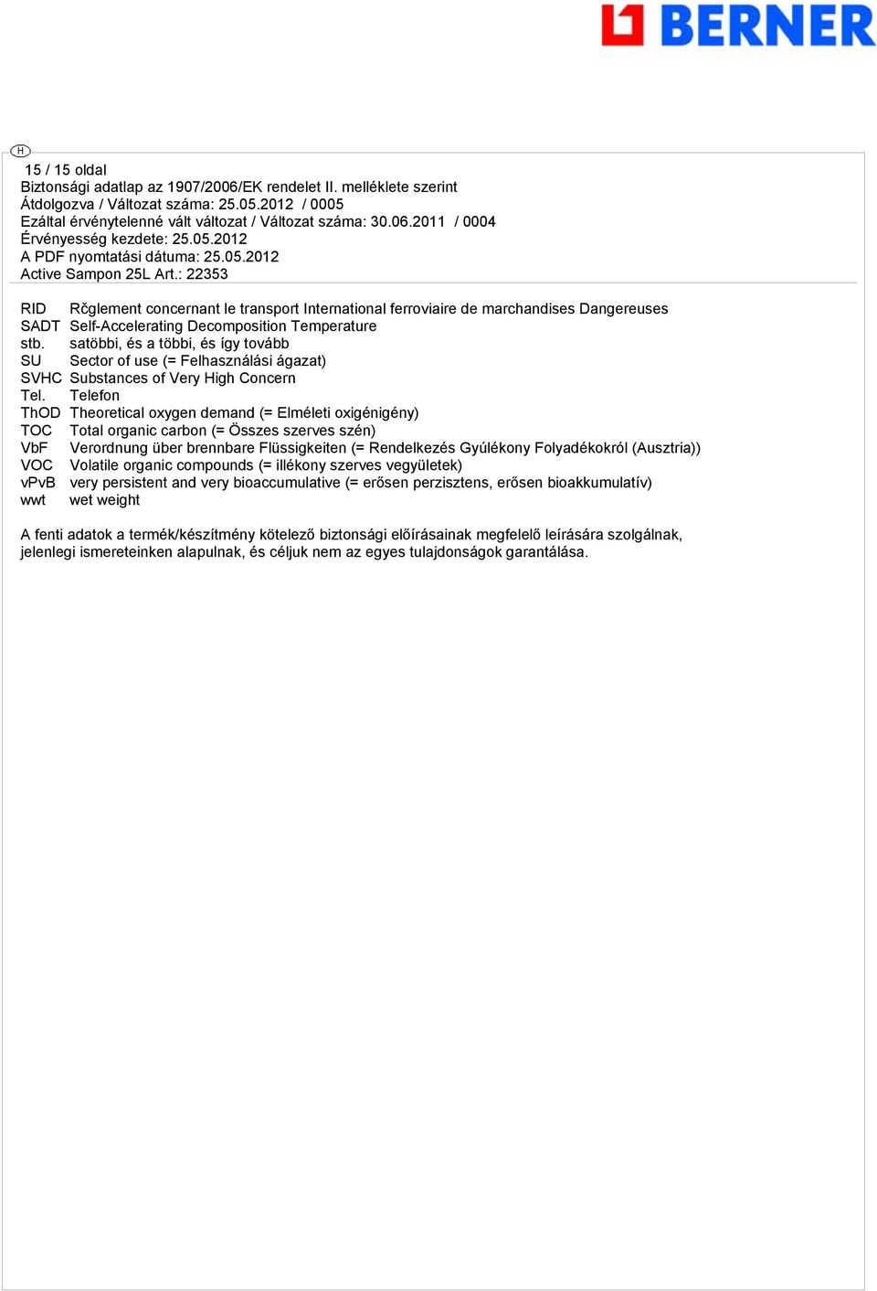 Telefon ThOD Theoretical oxygen demand (= Elméleti oxigénigény) TOC Total organic carbon (= Összes szerves szén) VbF Verordnung über brennbare Flüssigkeiten (= Rendelkezés Gyúlékony Folyadékokról