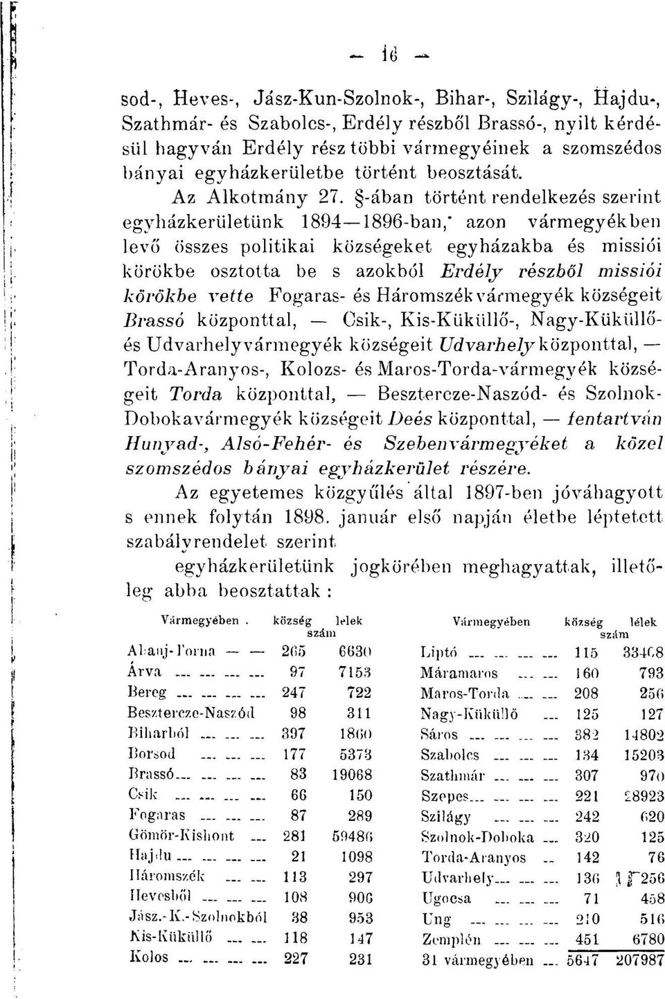 -ában történt rendelkezés szerint egyházkerületünk 1894 1896-ban,* azon vármegyékben levő összes politikai községeket egyházakba és missiói körökbe osztotta be s azokból Erdély részből missiói