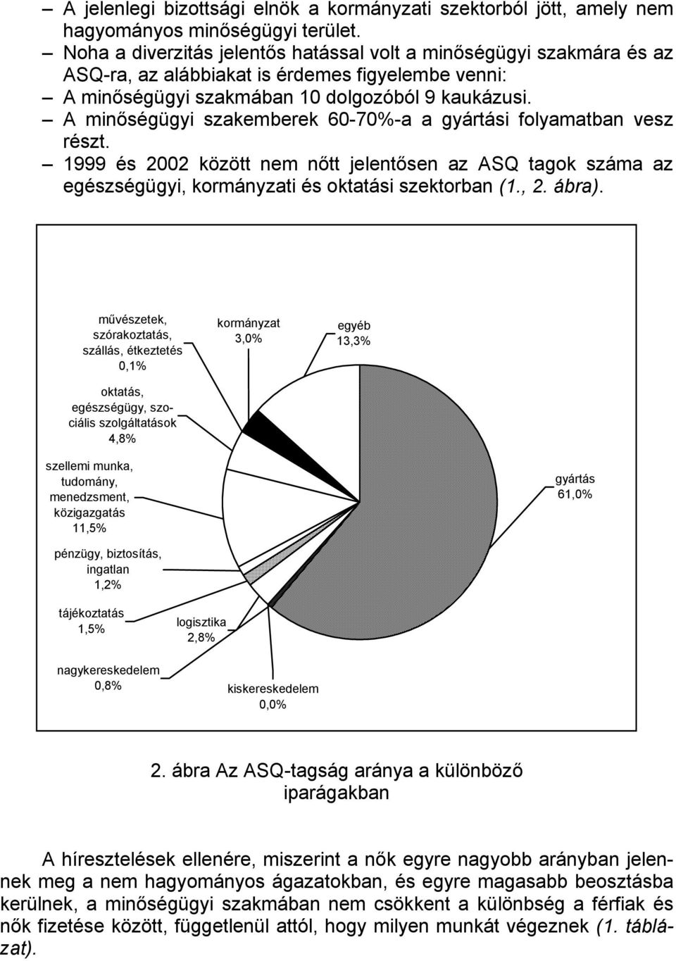 A minőségügyi szakemberek 60-70%-a a gyártási folyamatban vesz részt. 1999 és 2002 között nem nőtt jelentősen az ASQ tagok száma az egészségügyi, kormányzati és oktatási szektorban (1., 2. ábra).