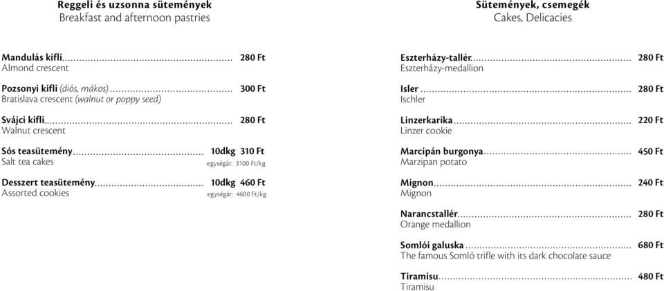 Linzer cookie 220 Ft Sós teasütemény Salt tea cakes 10dkg 310 Ft egységár: 3100 Ft/kg Marcipán burgonya Marzipan potato Desszert teasütemény Assorted cookies