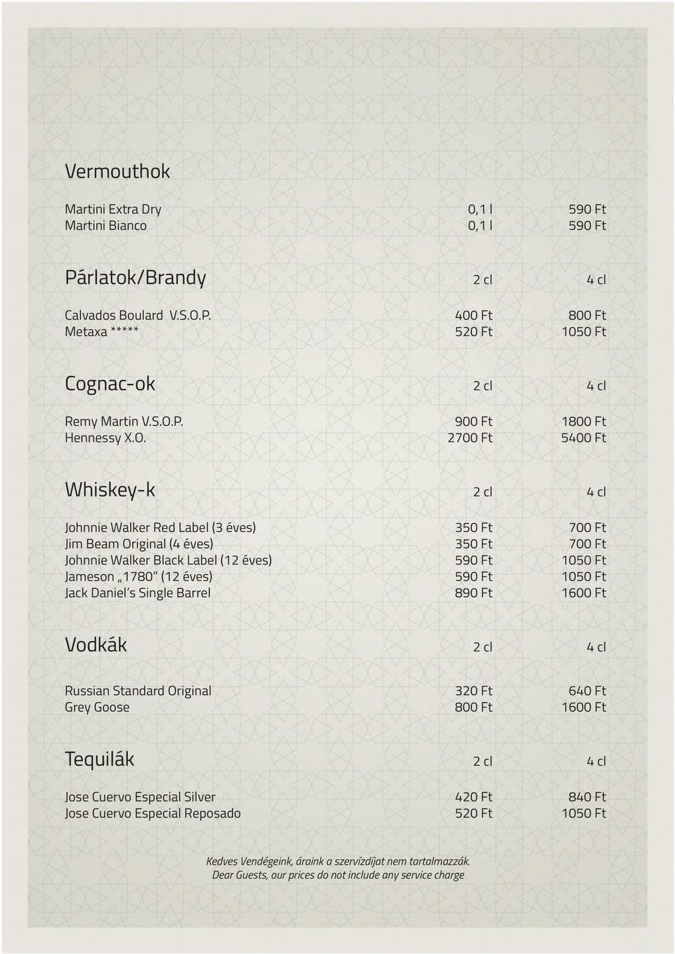abel (12 éves) 590 Ft 1050 Ft Jameson 1780 (12 éves) 590 Ft 1050 Ft Jack Daniel s Single Barrel 890 Ft 1600 Ft Vodkák 2 cl 4 cl Russian Standard Original 320 Ft 640 Ft rey oose 800 Ft