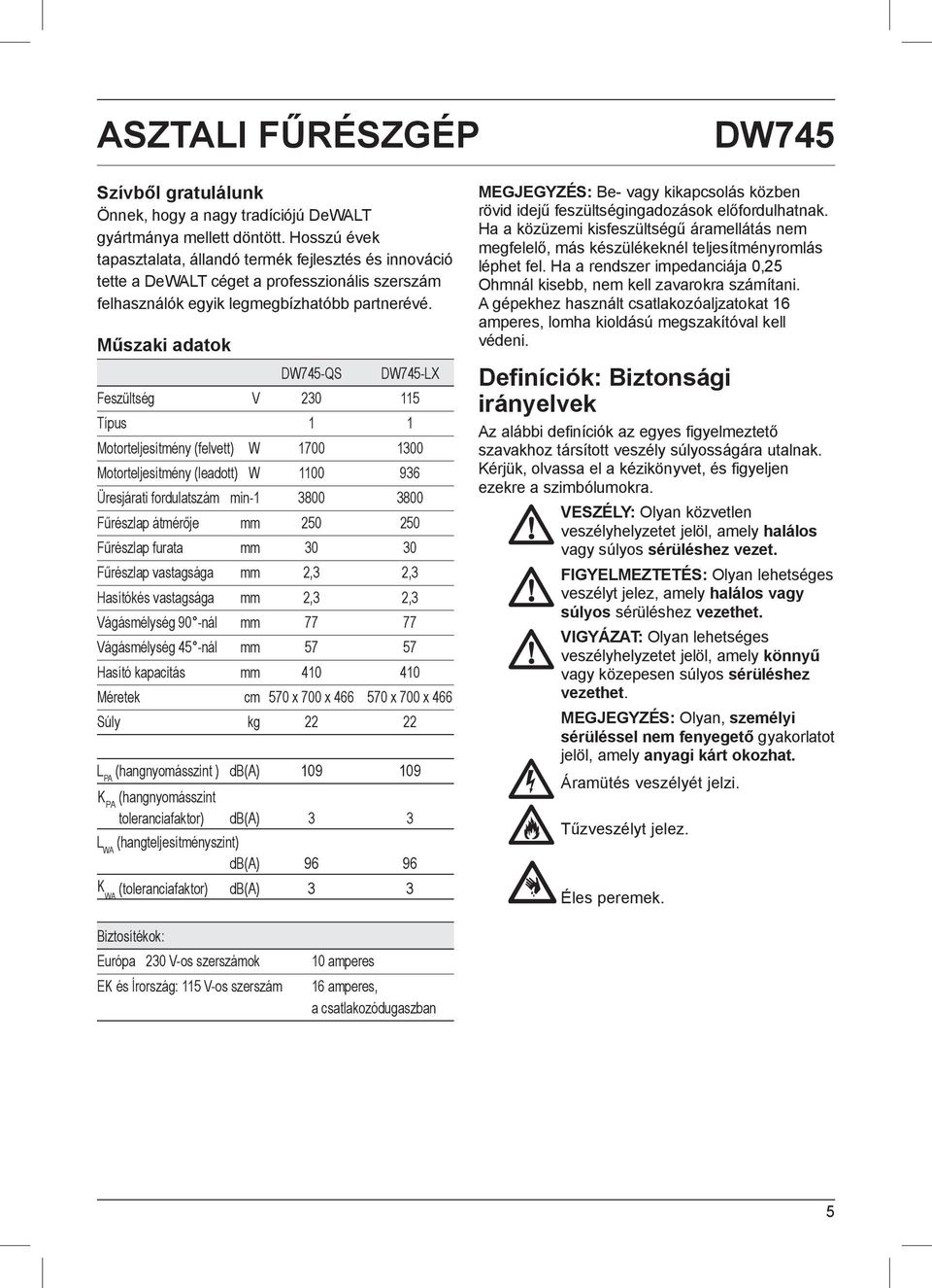 Műszaki adatok DW745-QS DW745-LX Feszültség V 230 115 Típus 1 1 Motorteljesítmény (felvett) W 1700 1300 Motorteljesítmény (leadott) W 1100 936 Üresjárati fordulatszám min -1 3800 3800 Fűrészlap