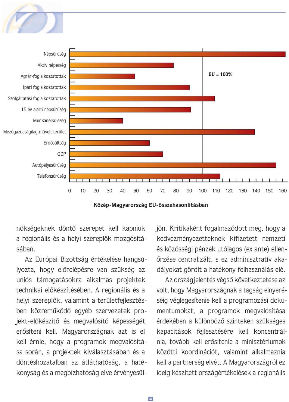 szereplôk mozgósításá ban. Az Európai Bizottság értékelése hangsúlyoz ta, hogy elôrelépésre van szükség az uniós támogatásokra alkalmas projektek tech ni kai elôkészítésében.