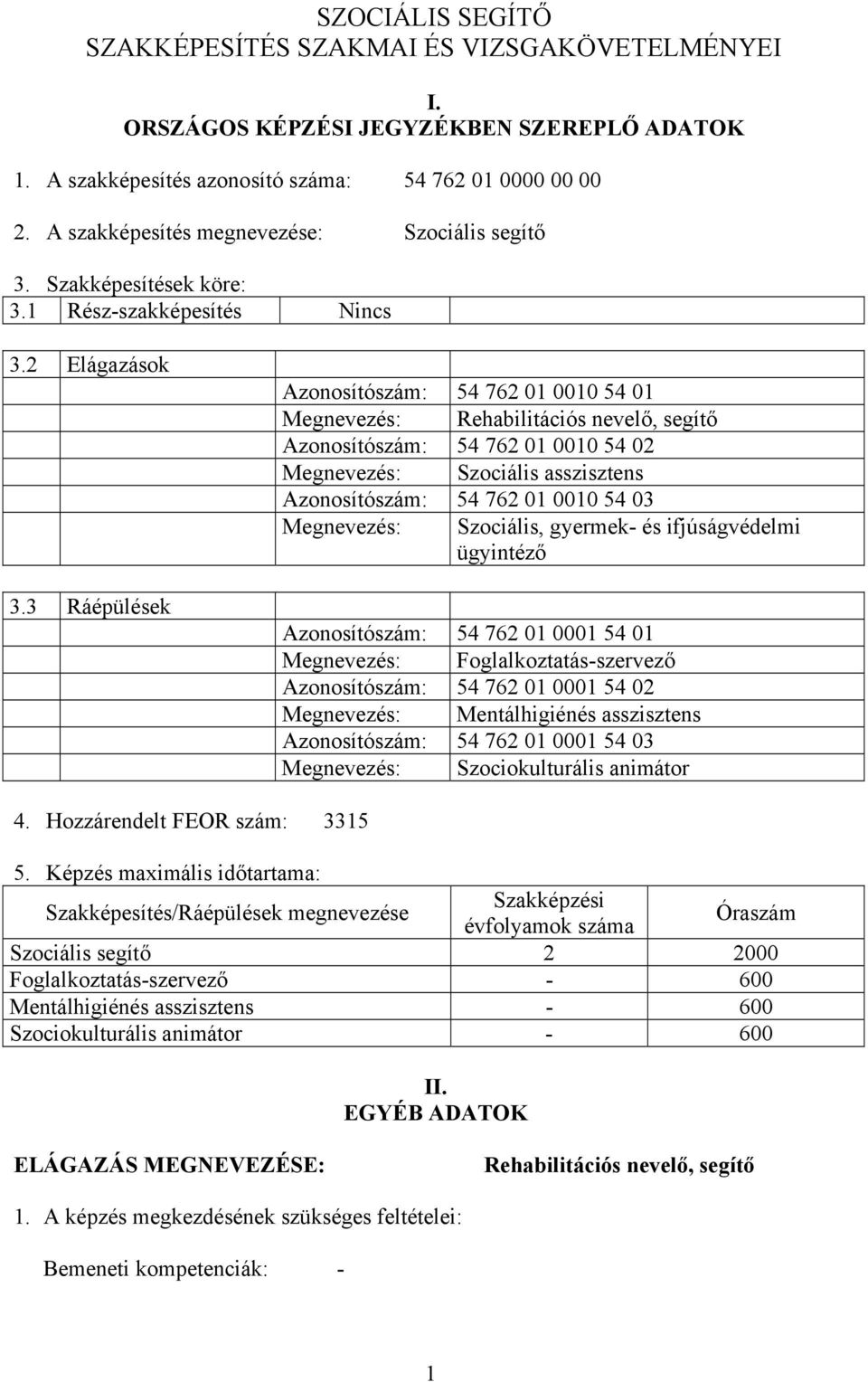 3 Ráépülések Azonosítószám: 54 762 01 0010 54 01 Megnevezés: Rehabilitációs nevelő, segítő Azonosítószám: 54 762 01 0010 54 02 Megnevezés: Szociális asszisztens Azonosítószám: 54 762 01 0010 54 03