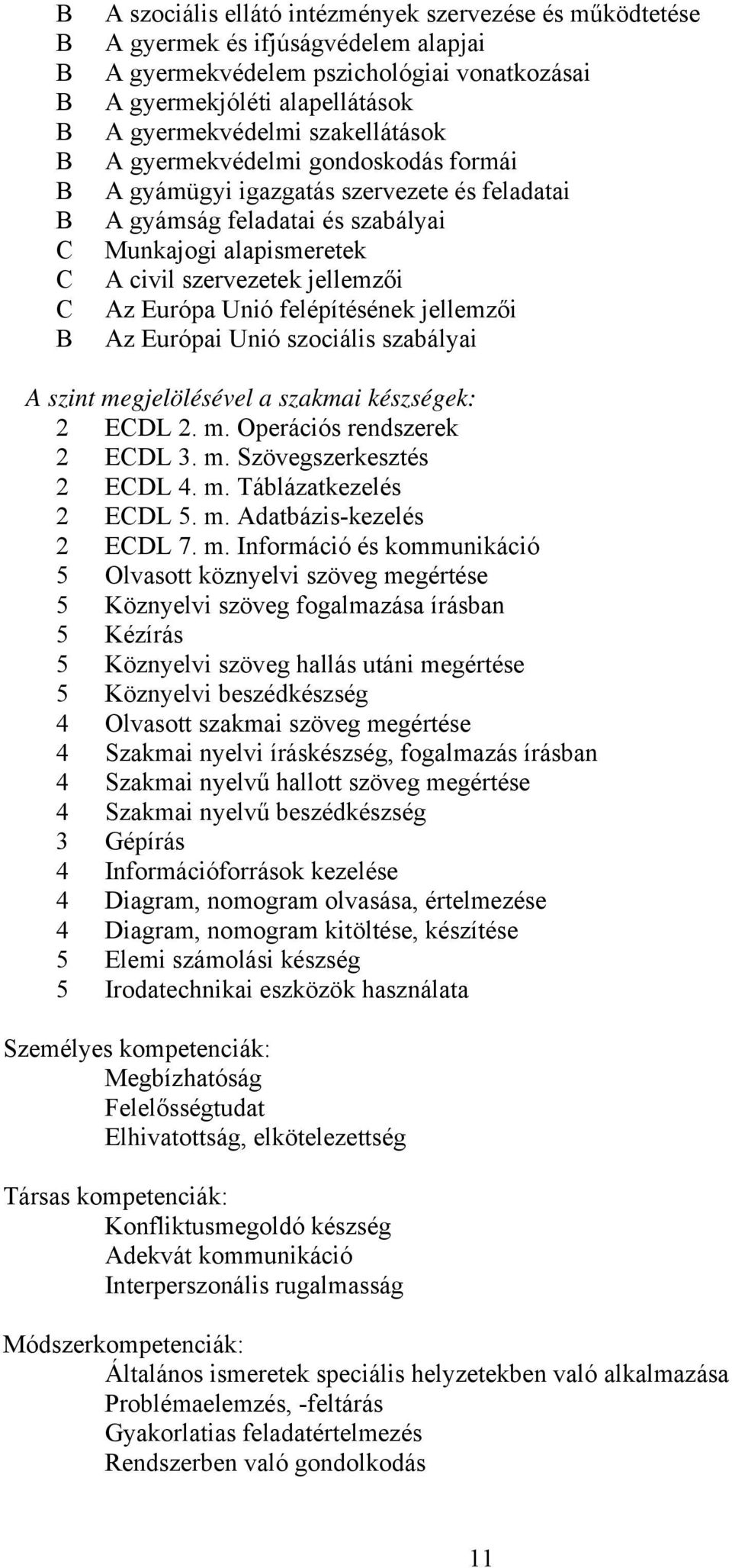 felépítésének jellemzői Az Európai Unió szociális szabályai A szint megjelölésével a szakmai készségek: 2 ECDL 2. m. Operációs rendszerek 2 ECDL 3. m. Szövegszerkesztés 2 ECDL 4. m. Táblázatkezelés 2 ECDL 5.