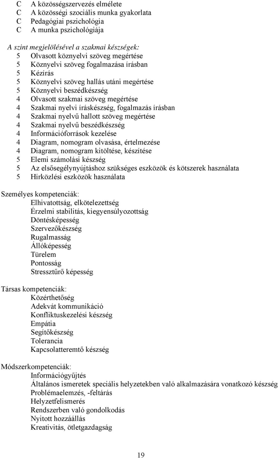 fogalmazás írásban 4 Szakmai nyelvű hallott szöveg megértése 4 Szakmai nyelvű beszédkészség 4 Információforrások kezelése 4 Diagram, nomogram olvasása, értelmezése 4 Diagram, nomogram kitöltése,