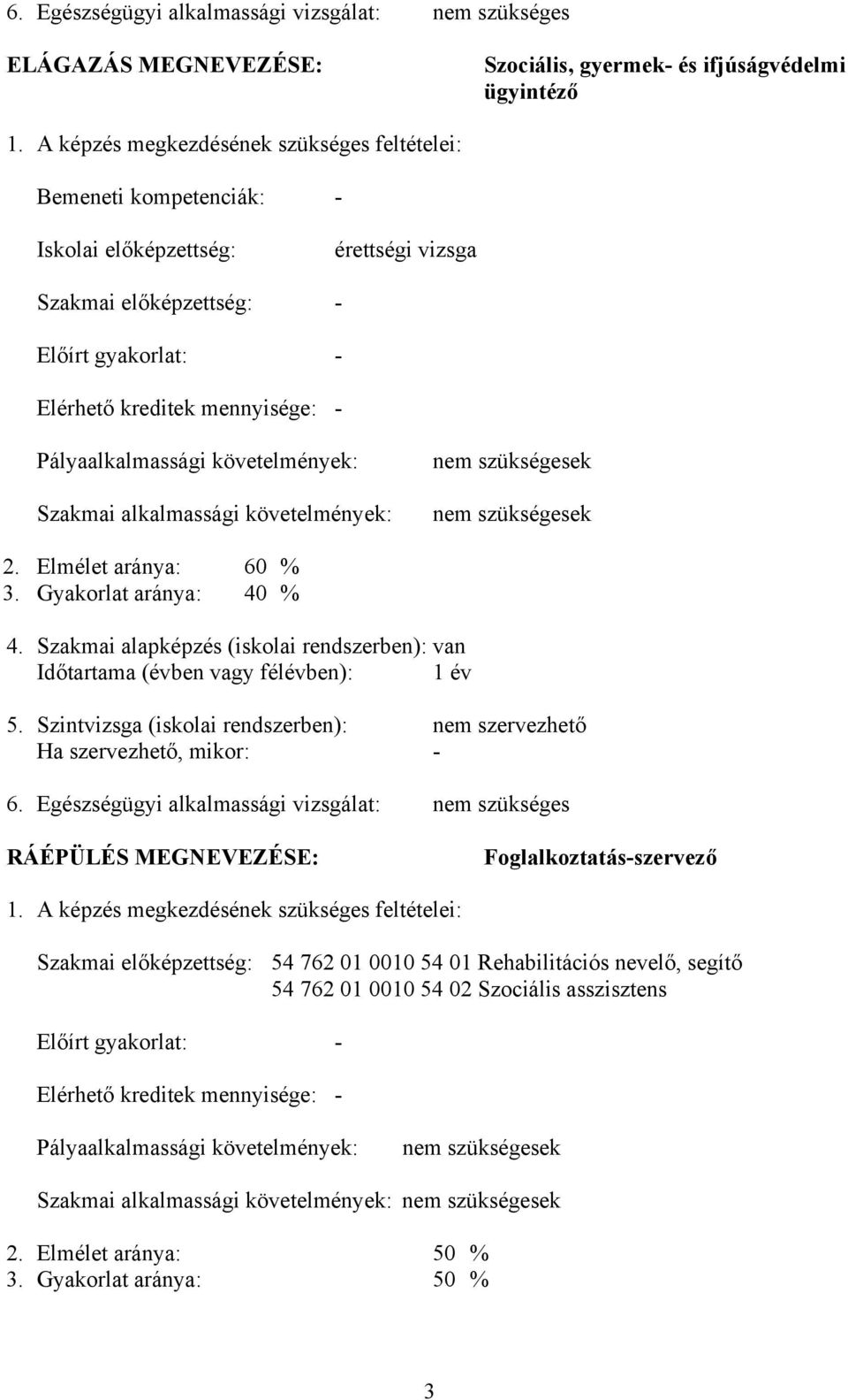 Pályaalkalmassági követelmények: Szakmai alkalmassági követelmények: nem szükségesek nem szükségesek 2. Elmélet aránya: 60 % 3. Gyakorlat aránya: 40 % 4.