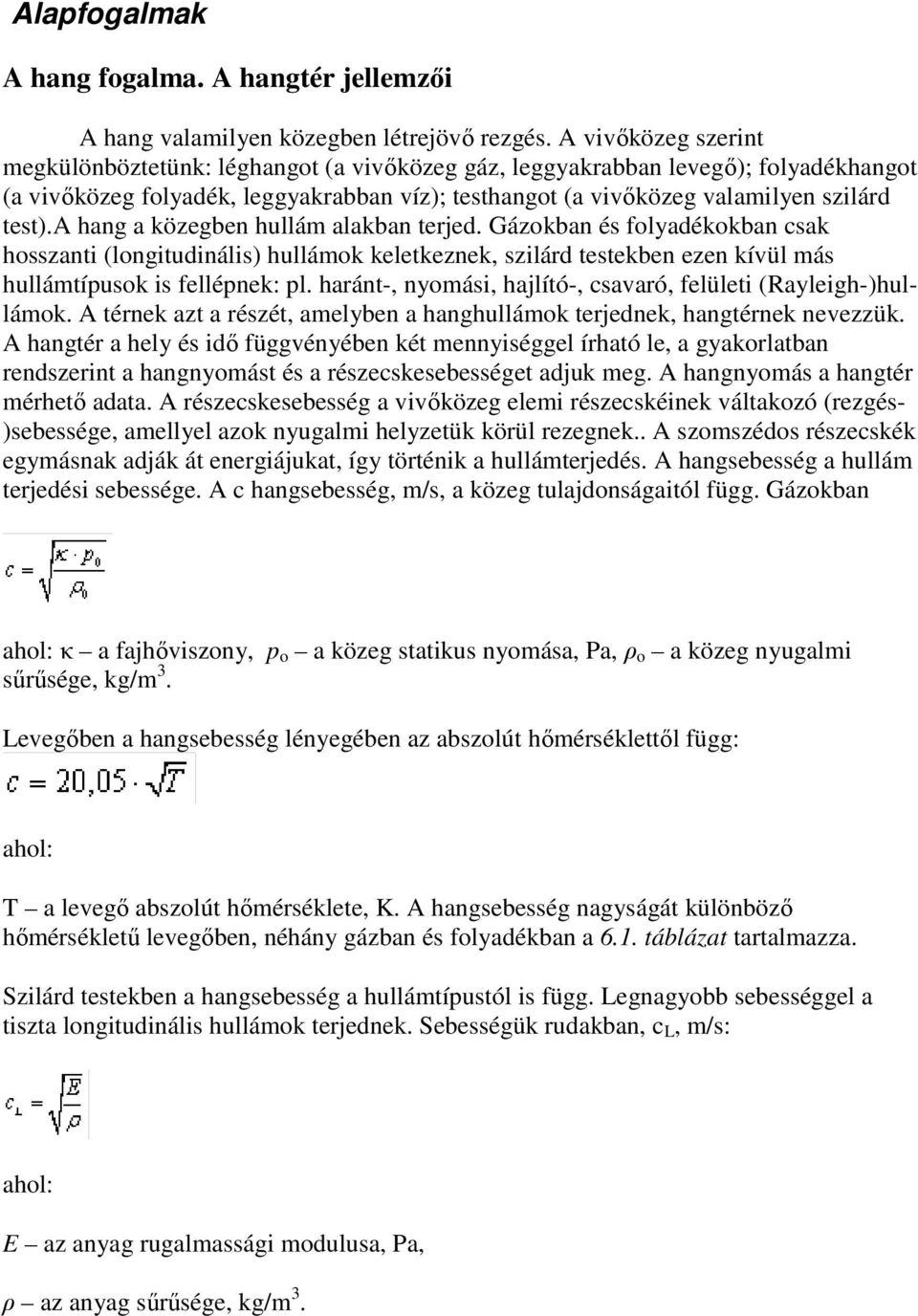 a hang a közegben hullám alakban terjed. Gázokban és folyadékokban csak hosszanti (longitudinális) hullámok keletkeznek, szilárd testekben ezen kívül más hullámtípusok is fellépnek: pl.