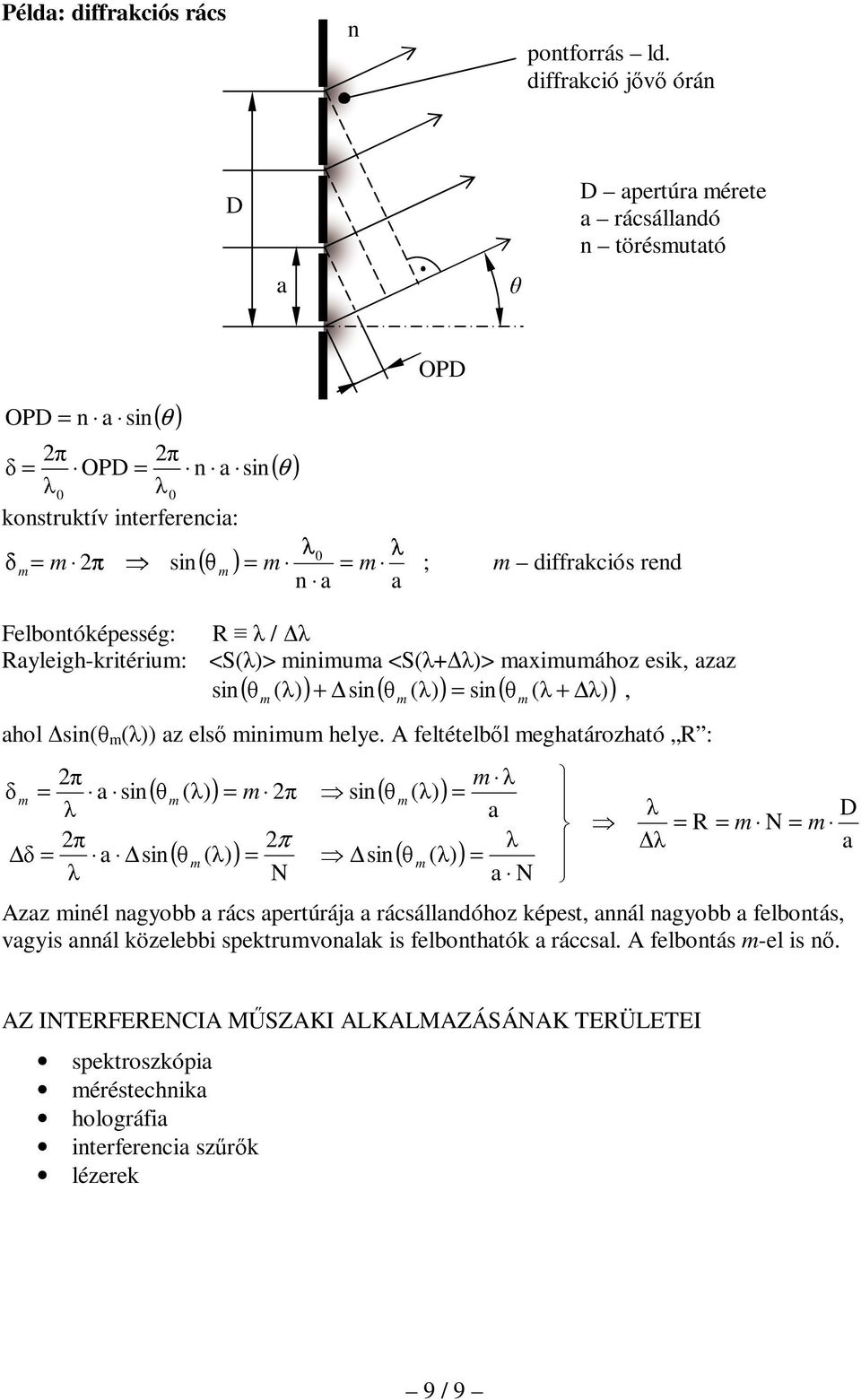 Felbotóképesség: R / Rayleigh-kritériu: <S(λ> iiua <S(λ+ λ> axiuához esik, azaz si ( (λ + si ( (λ = si ( + λ, ahol si(θ(λ az elsı θθ aλ λ λ iiu helye.