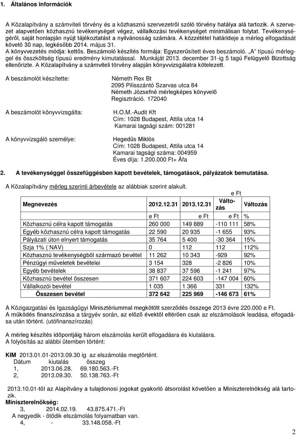 A közzététel határideje a mérleg elfogadását követő 30 nap, legkésőbb 2014. május 31. A könyvvezetés módja: kettős. Beszámoló készítés formája: Egyszerűsített éves beszámoló.