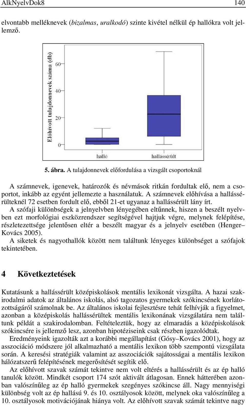 A számnevek előhívása a hallássérülteknél 72 esetben fordult elő, ebből 21-et ugyanaz a hallássérült lány írt.