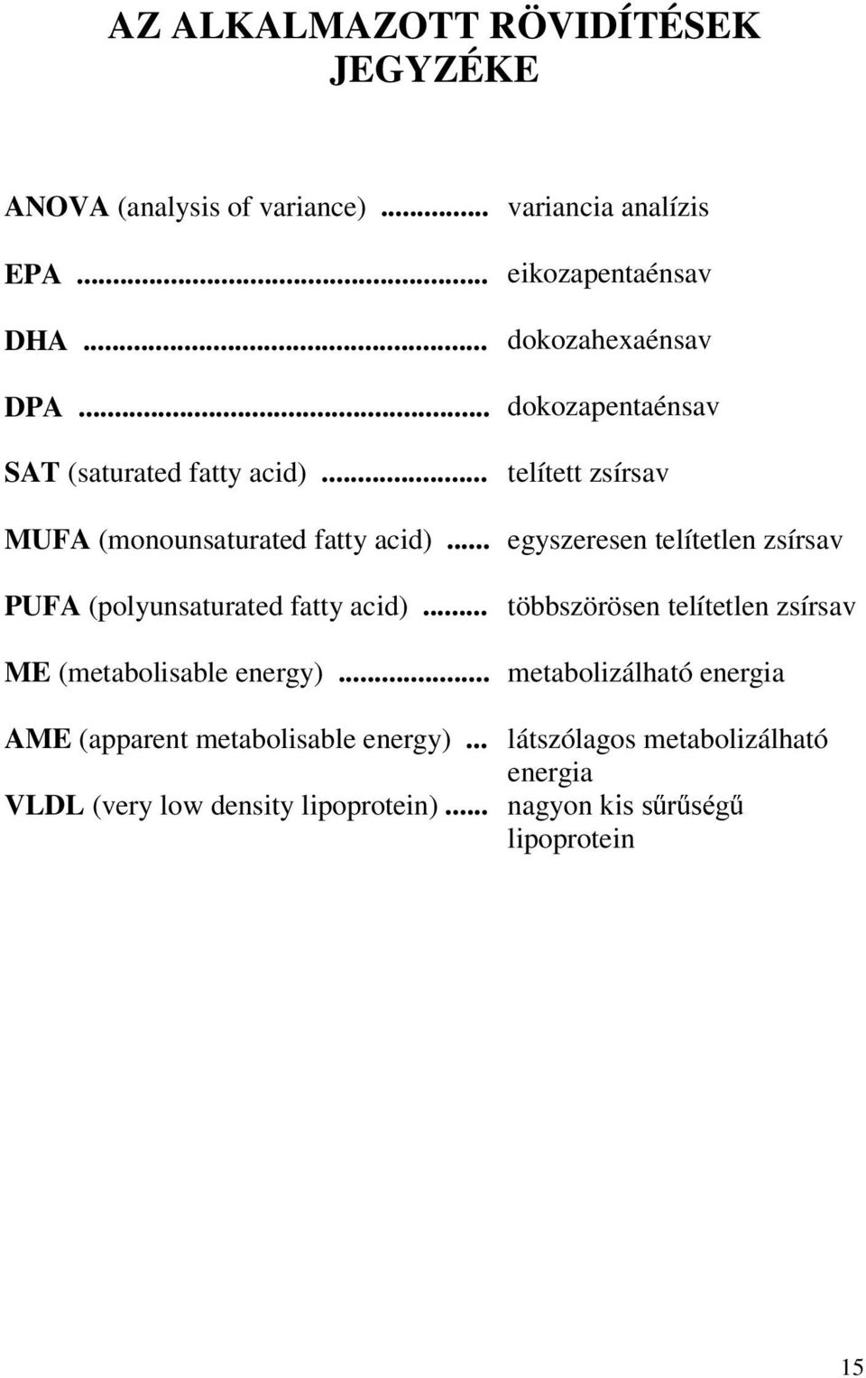 .. egyszeresen telítetlen zsírsav PUFA (polyunsaturated fatty acid)... többszörösen telítetlen zsírsav ME (metabolisable energy).