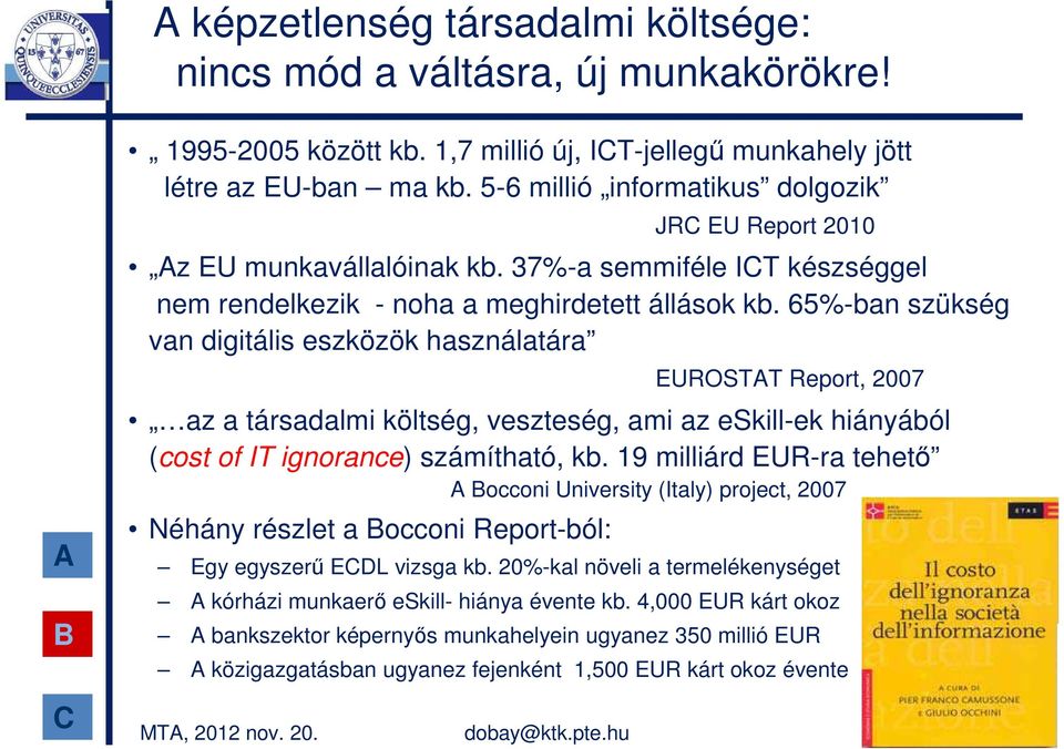 65%-ban szükség van digitális eszközök használatára EUROSTT Report, 2007 az a társadalmi költség, veszteség, ami az eskill-ek hiányából (cost of IT ignorance) számítható, kb.