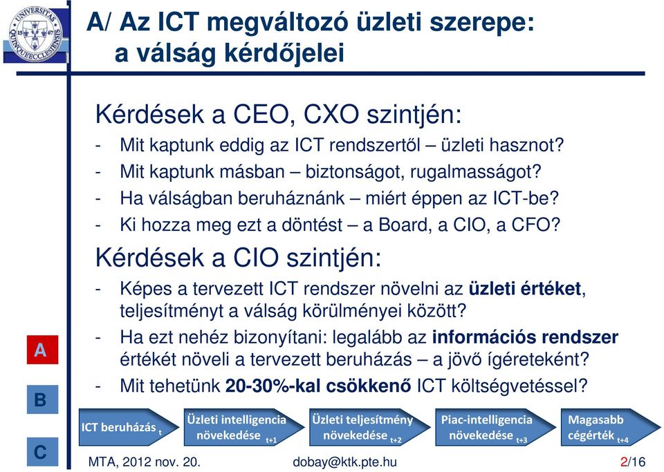 Kérdések a IO szintjén: - Képes a tervezett IT rendszer növelni az üzleti értéket, teljesítményt a válság körülményei között?