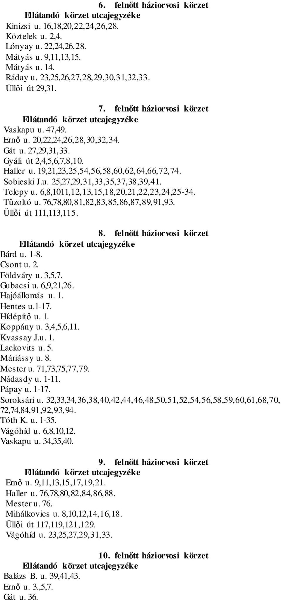 Telepy u. 6,8,1011,12,13,15,18,20,21,22,23,24,25-34. Tűzoltó u. 76,78,80,81,82,83,85,86,87,89,91,93. Üllői út 111,113,115. 8. felnőtt háziorvosi körzet Bárd u. 1-8. Csont u. 2. Földváry u. 3,5,7.