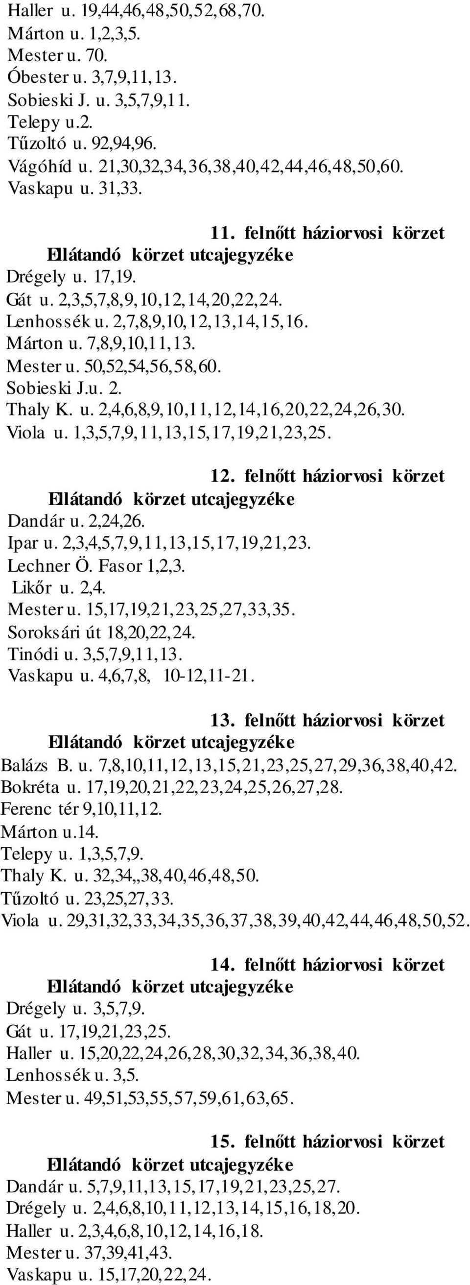 7,8,9,10,11,13. Mester u. 50,52,54,56,58,60. Sobieski J.u. 2. Thaly K. u. 2,4,6,8,9,10,11,12,14,16,20,22,24,26,30. Viola u. 1,3,5,7,9,11,13,15,17,19,21,23,25. 12. felnőtt háziorvosi körzet Dandár u.