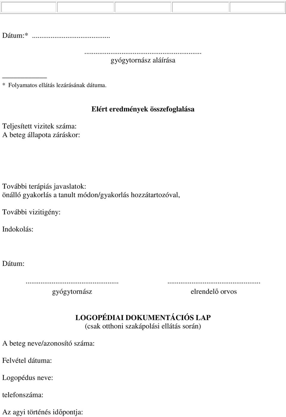 terápiás javaslatok: önálló gyakorlás a tanult módon/gyakorlás hozzátartozóval, További vizitigény: Indokolás: Dátum:.