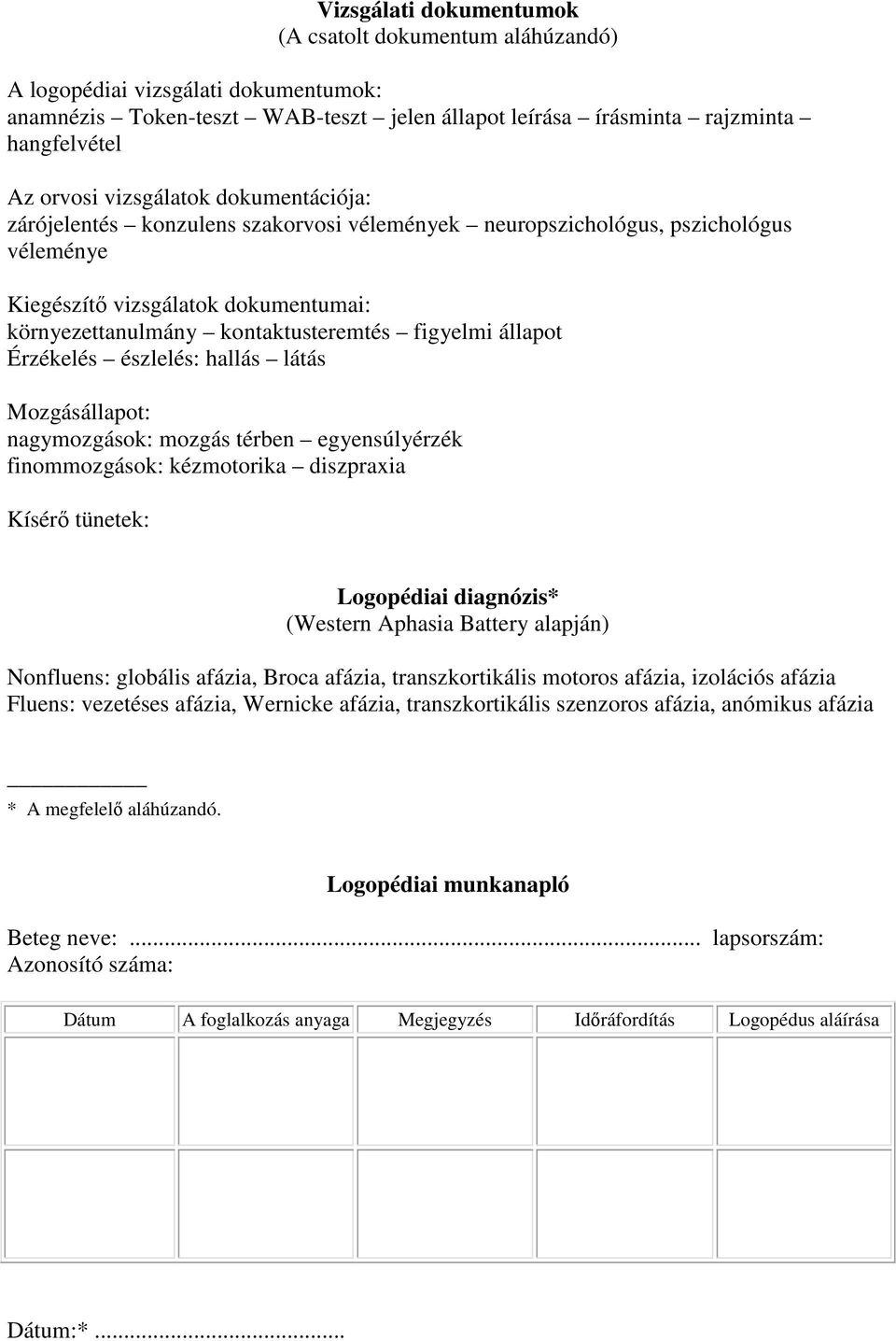 állapot Érzékelés észlelés: hallás látás Mozgásállapot: nagymozgások: mozgás térben egyensúlyérzék finommozgások: kézmotorika diszpraxia Kísérő tünetek: Logopédiai diagnózis* (Western Aphasia Battery