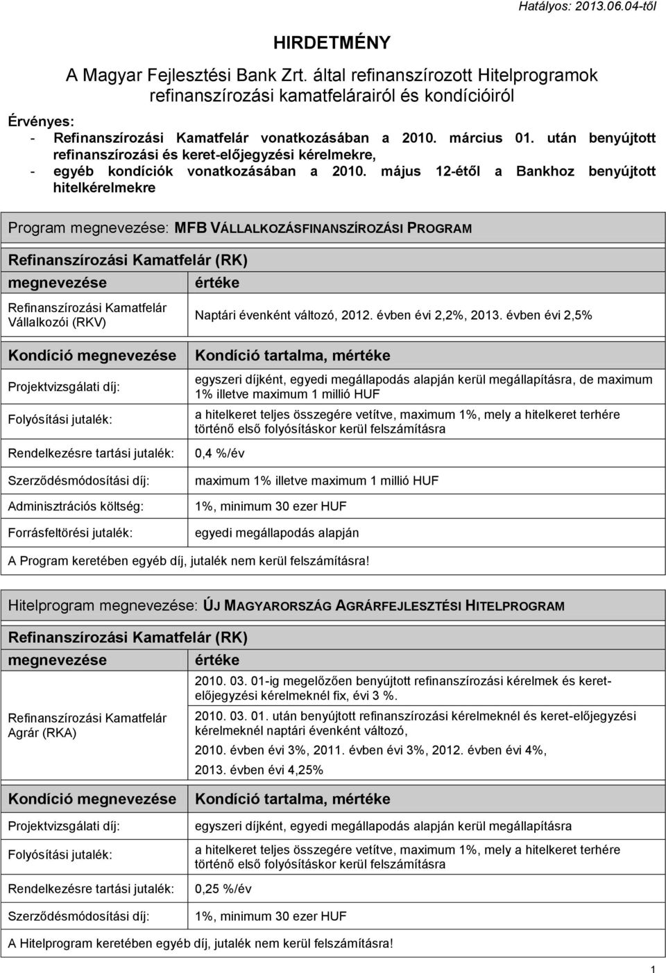 után benyújtott refinanszírozási és keret-előjegyzési kérelmekre, - egyéb kondíciók vonatkozásában a 2010.