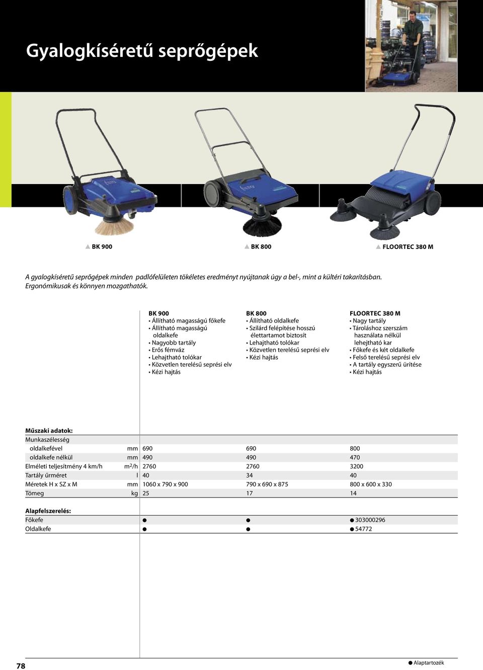 BK 900 Állítható magasságú főkefe Állítható magasságú oldalkefe Nagyobb tartály Erős fémváz Lehajtható tolókar Közvetlen terelésű seprési elv Kézi hajtás BK 800 Állítható oldalkefe Szilárd felépítése
