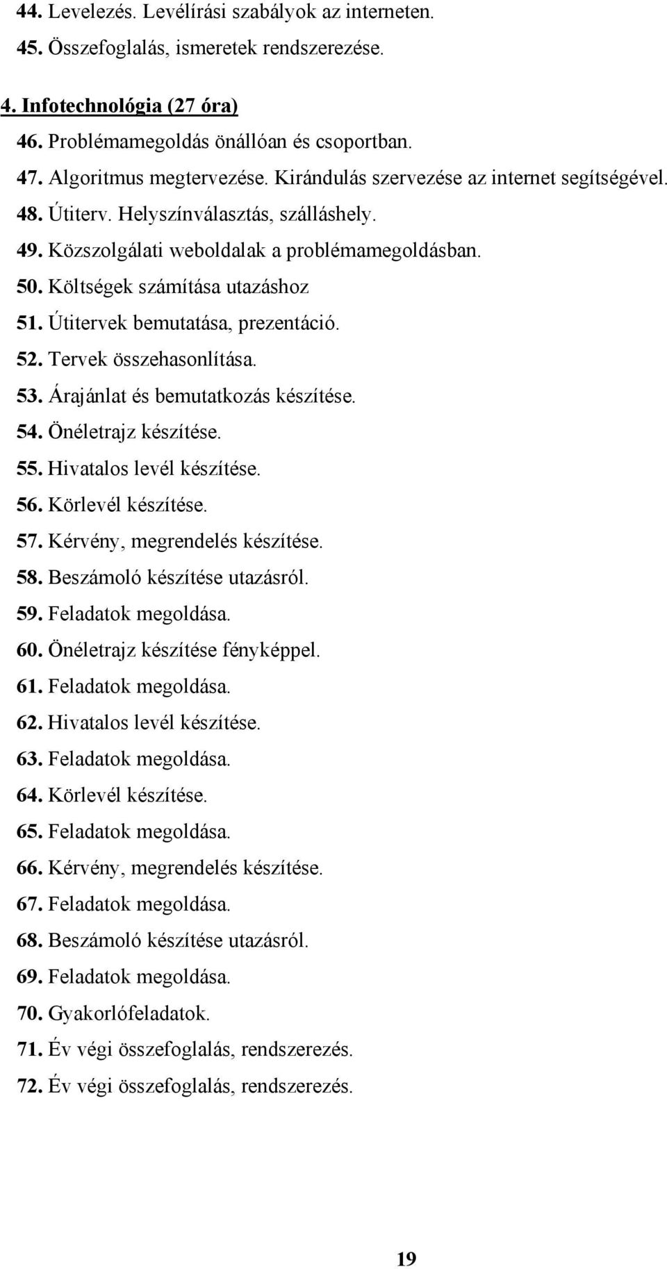 Útitervek bemutatása, prezentáció. 52. Tervek összehasonlítása. 53. Árajánlat és bemutatkozás készítése. 54. Önéletrajz készítése. 55. Hivatalos levél készítése. 56. Körlevél készítése. 57.