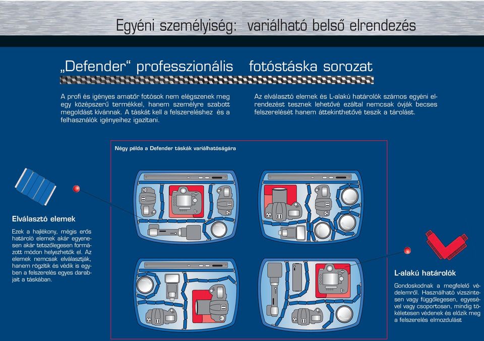 Az elválasztó elemek és L-alakú határolók számos egyéni elrendezést tesznek lehetôvé ezáltal nemcsak óvják becses felszerelését hanem áttekinthetôvé teszik a tárolást.