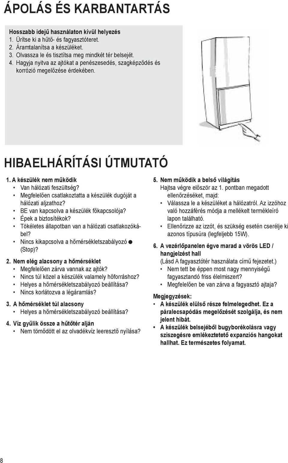 és 4. korrózió Leave the megelőzése doors open érdekében. to prevent the formation of mould, odours and oxidation. HIBAELHÁRÍTÁSI TROUBLESHOOTING ÚTMUTATÓ GUIDE 1.