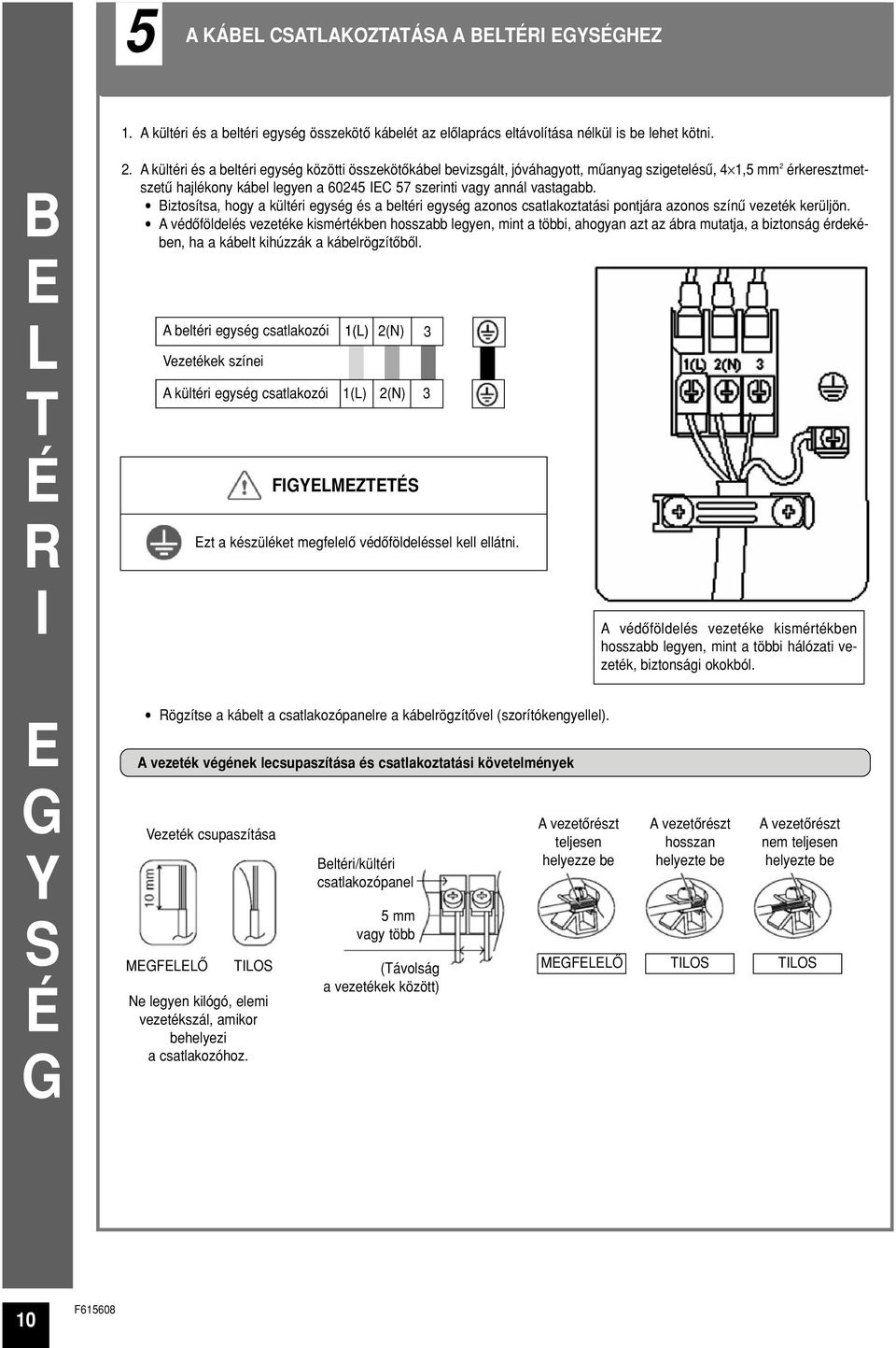 Biztosítsa, hogy a kültéri egység és a beltéri egység azonos csatlakoztatási pontjára azonos színû vezeték kerüljön.