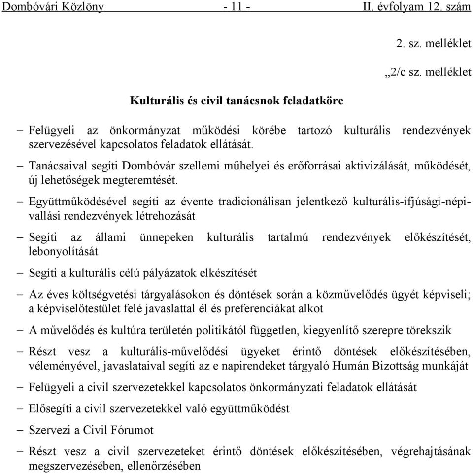 Tanácsaival segíti Dombóvár szellemi műhelyei és erőforrásai aktivizálását, működését, új lehetőségek megteremtését.