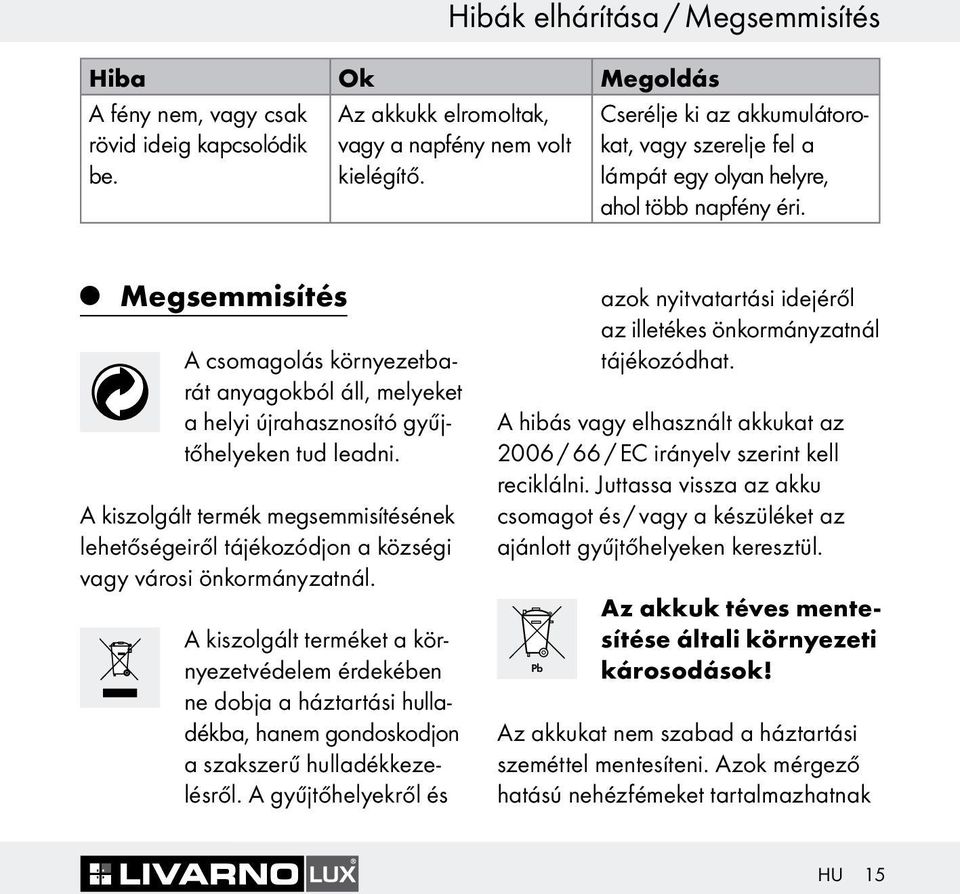 Megsemmisítés A csomagolás környezetbarát anyagokból áll, melyeket a helyi újrahasznosító gyűjtőhelyeken tud leadni.