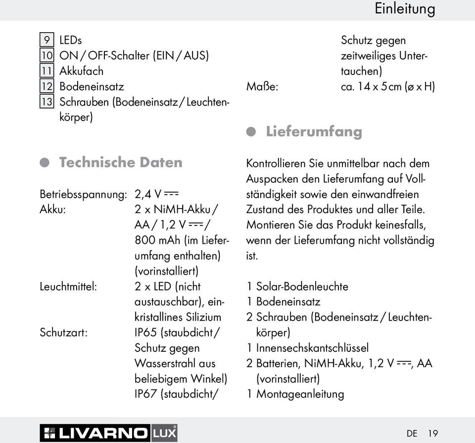 Winkel) IP67 (staubdicht/ Schutz gegen zeitweiliges Untertauchen) Maße: ca.