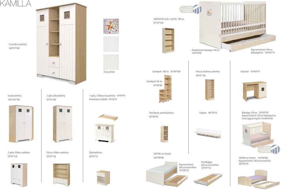 keskeny szekrény 48*41*126 Íróasztal 110*60*75 Sarokpolc 85-ös 42*36*85 Sarokszekrény 103*103*182 2 ajtós állószekrény 93*55*182 1 ajtós, 3 fiókos kisszekrény 93*41*91 Pelenkázó toldalék 92*32*9