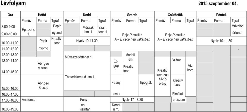 30 A B csop heti váltásban A B csop heti váltásban Nyelv 10-11.30 10.00-11.00 terv 11.00-12.00 nyomd. 12.00-13.00 13.00-14.00 14.00-15.00 15.00-16.00 Ábr geo A csop Ábr.