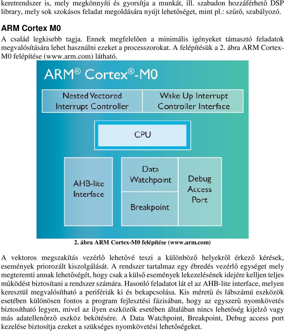 ábra ARM Cortex- M0 felépítése (www.arm.com) látható. 2. ábra ARM Cortex-M0 felépítése (www.arm.com) A vektoros megszakítás vezérlő lehetővé teszi a különböző helyekről érkező kérések, események priorozált kiszolgálását.