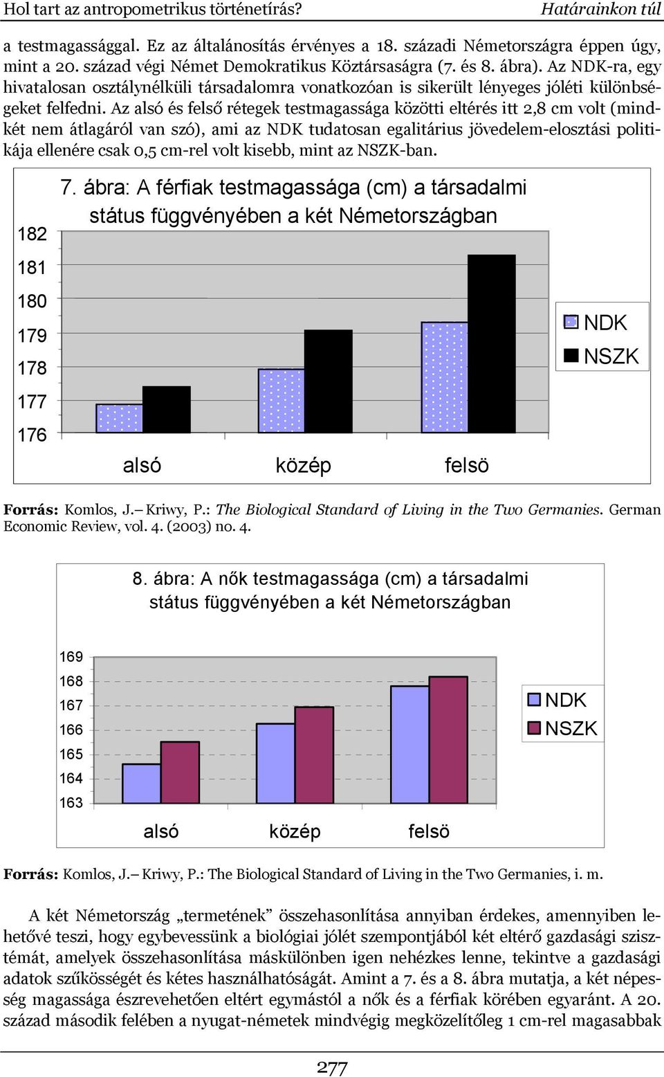 Az alsó és felső rétegek testmagassága közötti eltérés itt 2,8 cm volt (mindkét nem átlagáról van szó), ami az NDK tudatosan egalitárius jövedelem-elosztási politikája ellenére csak 0,5 cm-rel volt